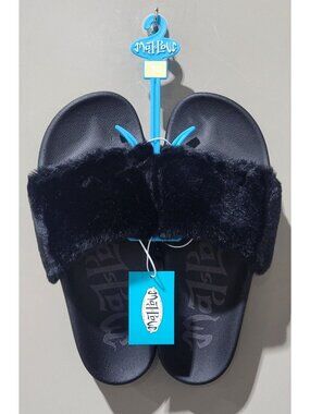 Mad Love Phoebe Black Faux Rabbit Fur Top Strap Slide House Sandals - Women's 10